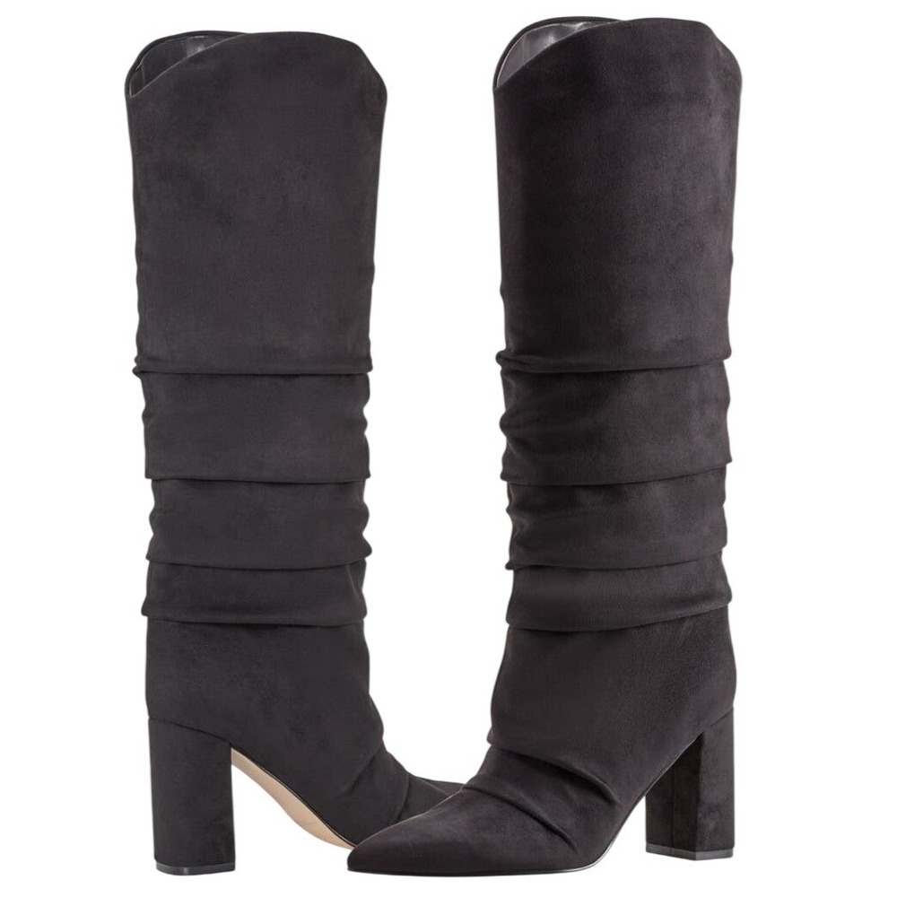NIB Marc Fisher Black Pointed Toe Ruched Knee High Block Heel Boot 7.5 M Modern